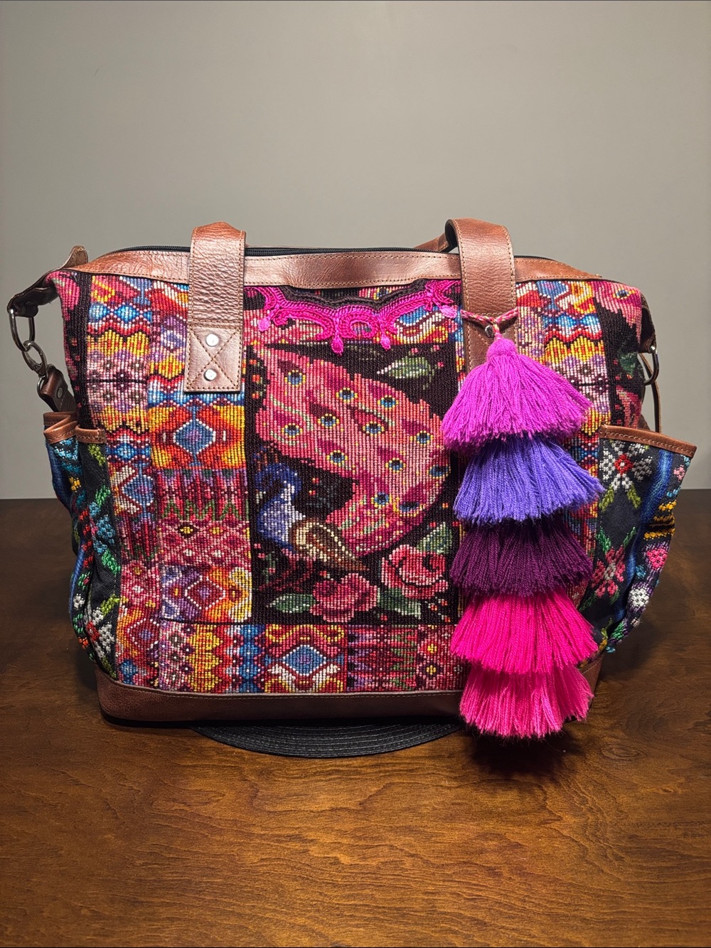 Leather Colorful Embroidered Tote with Pink & Purple Tassels